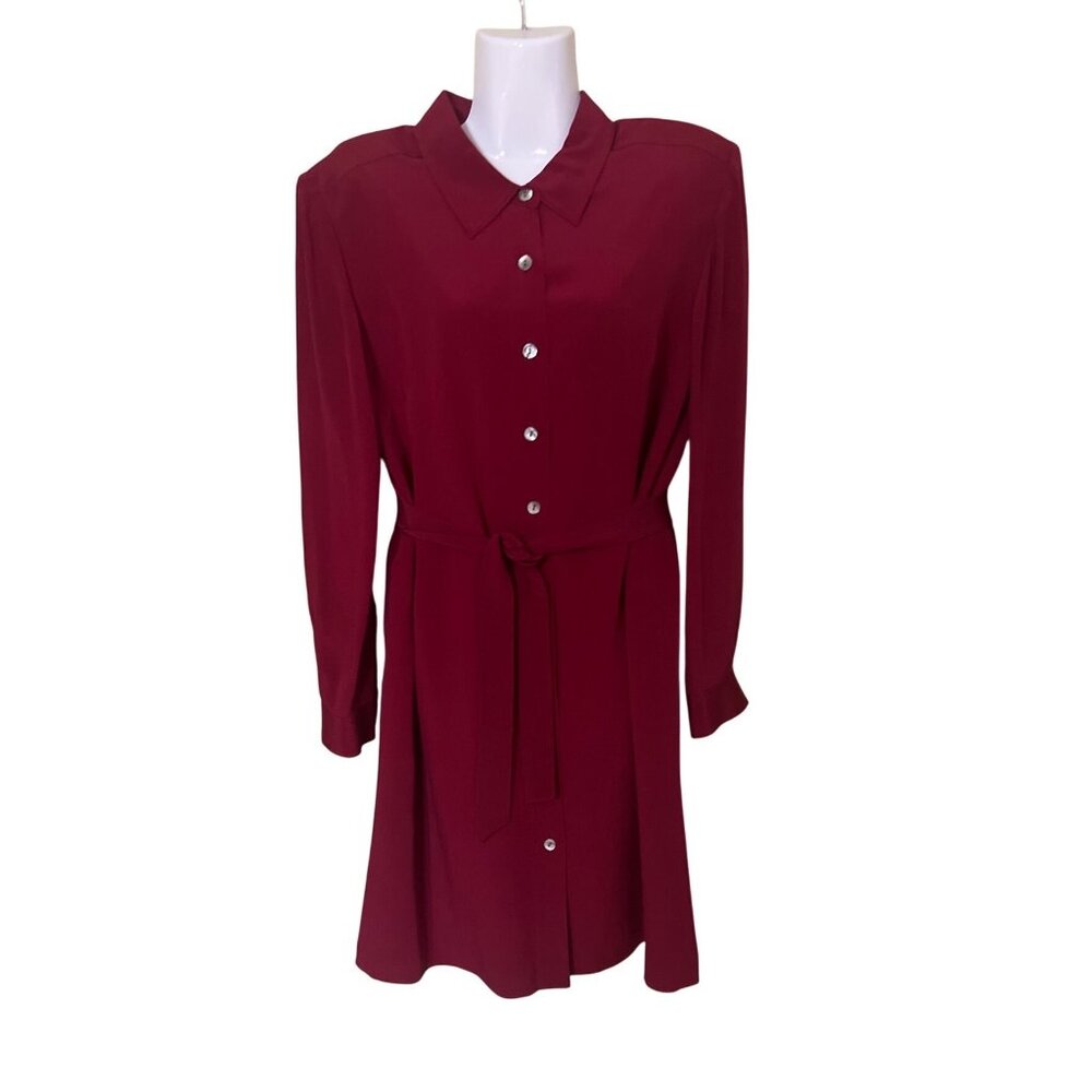 Talbots Petite Pure Silk Burgundy Shirt Dress With Belt & Button Front Size 14